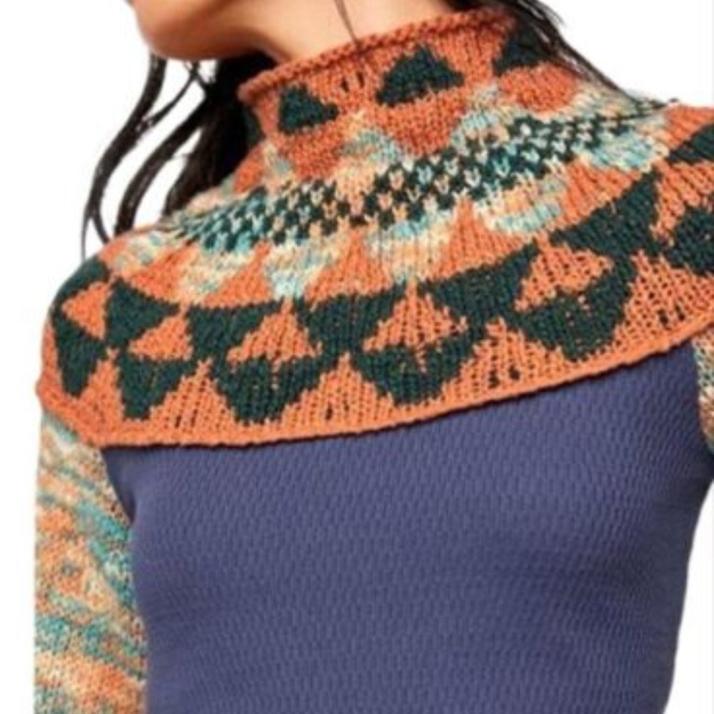 Free People Swit The Small Stuff Mock Neck Pullover Sweater Navy Combo L $128